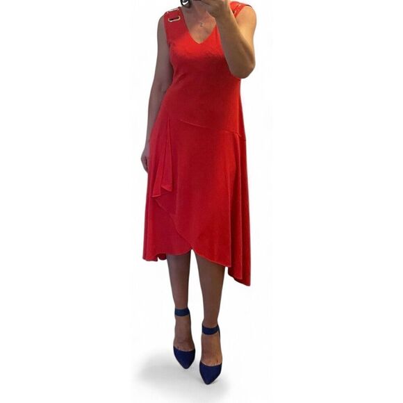 NWT RALPH LAUREN Womens  V Neck Midi Red RUFFLED SheathDress Sz PM Size PM/M NEW - Picture 1 of 10